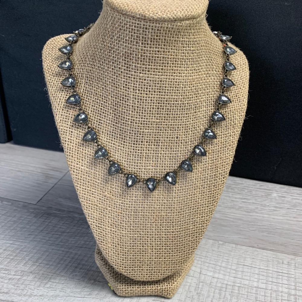 Antique Brass Tone Teardrop Grey Crystal Collar Necklace 18" Adjustable